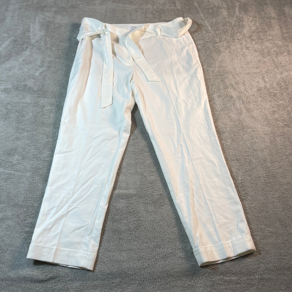 LOFT Pants Women's 8 White The Devin Slim Cropped Linen‎ Blend with Tie Belt